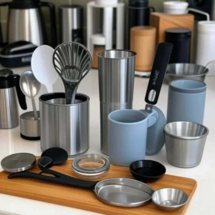 Zestaw nowoczesnych akcesoriów kuchennych na blacie kuchennym