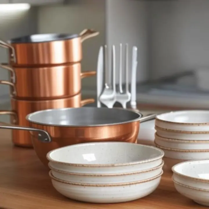 Zestaw garnków ze stali nierdzewnej ustawiony na kuchennym blacie