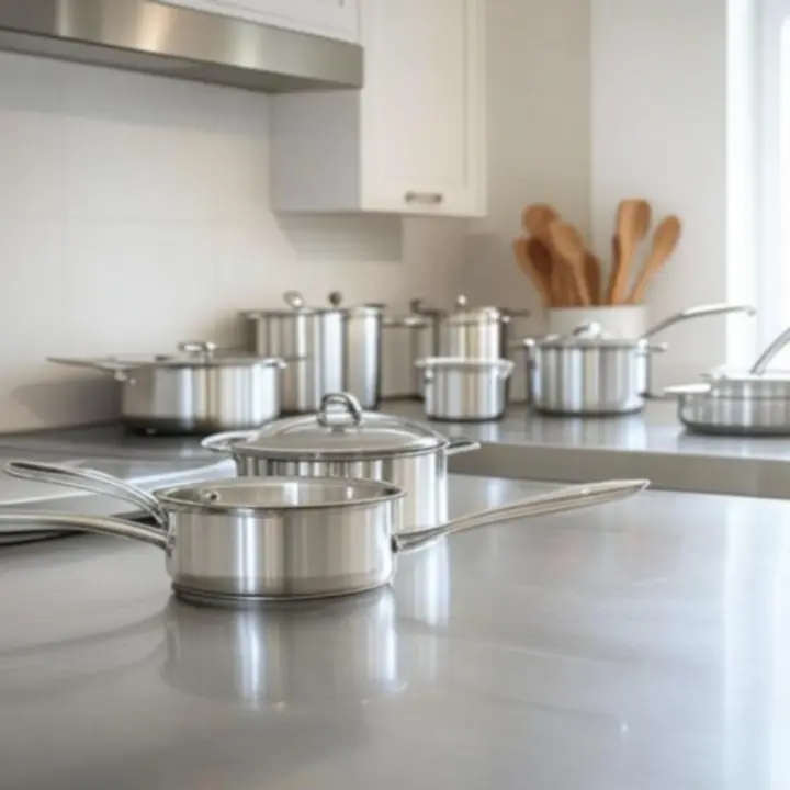 Starannie ułożone naczynia kuchenne na nowoczesnym blacie