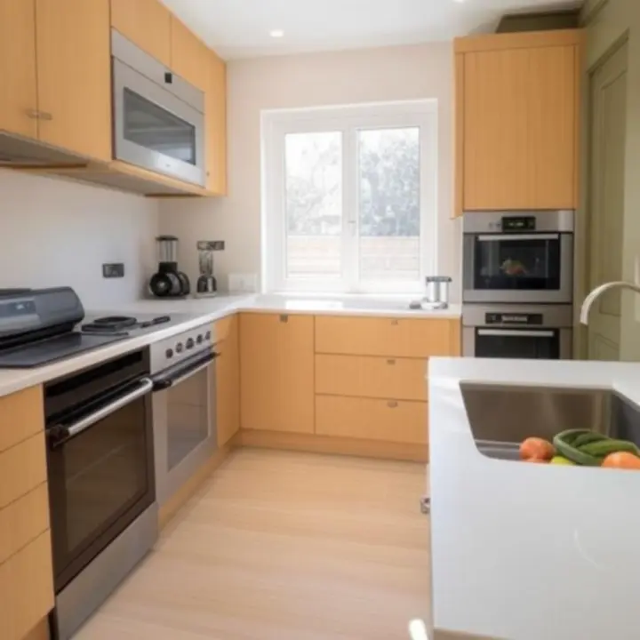 Nowoczesna kuchnia z białymi frontami, stalą, drewnem i oliwkową zielenią oraz zintegrowanym AGD