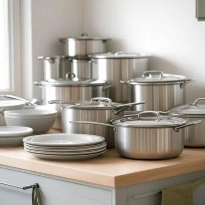 Zestawy garnków i serwis obiadowy elegancko ułożone na blacie kuchennym