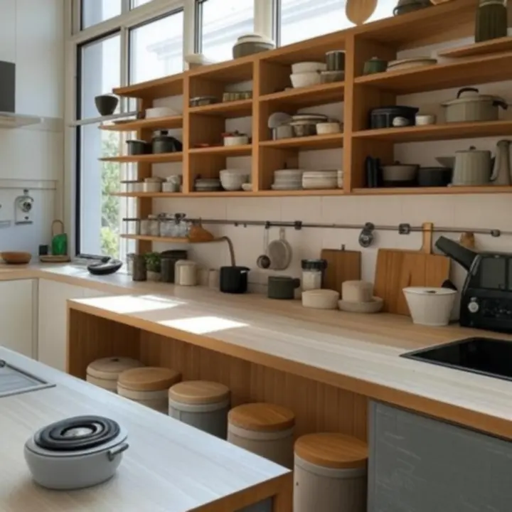 Nowoczesna kuchnia z drewnianymi i stalowymi detalami, prezentująca produkty