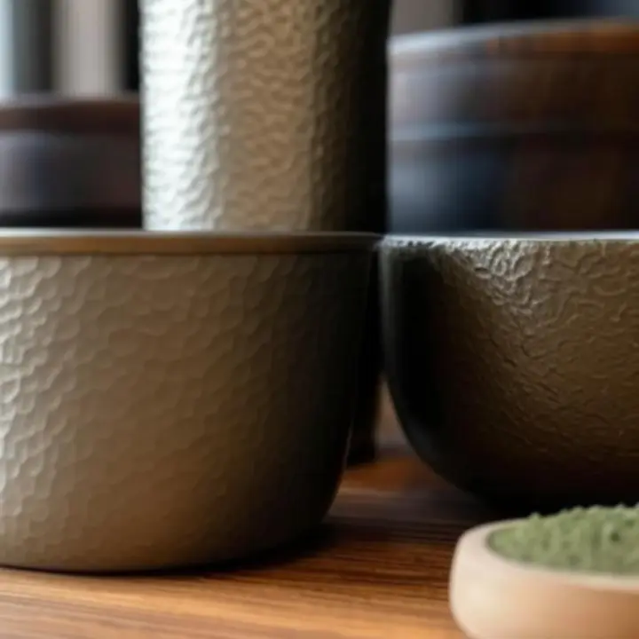 Zbliżenie na fakturę drewna, stali nierdzewnej i oliwkowe akcenty produktów KitchenViaPL