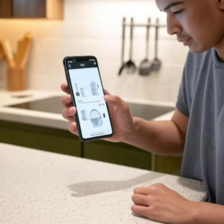 Zakupy w KitchenViaPL na smartfonie z podglądem produktów i opinii