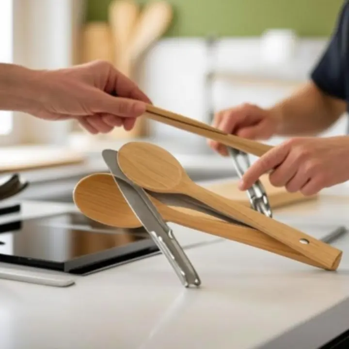 Ręczne narzędzia kuchenne z drewna i stali nierdzewnej ułożone na blacie