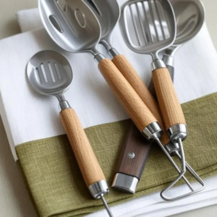 Narzędzia kuchenne z drewna i stali nierdzewnej ułożone w stylowej aranżacji